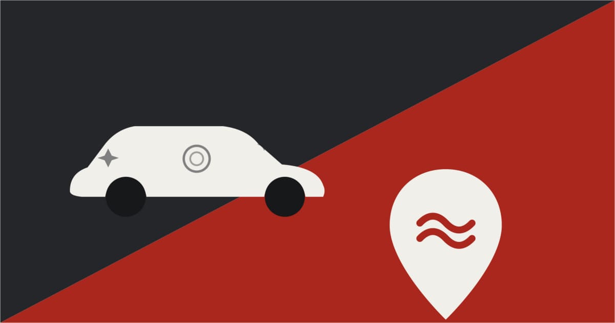 Duotone illustration showing a car with a dent and stone chip damage marks on one side, and a coastal location pin with wave symbol on the other, representing common car bodywork damage in Great Yarmouth.