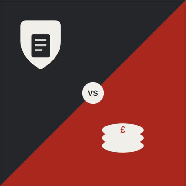 Duotone icon illustration contrasting an insurance claim form with a stack of coins, divided by a VS badge, representing insurance claim versus private pay for car repairs.