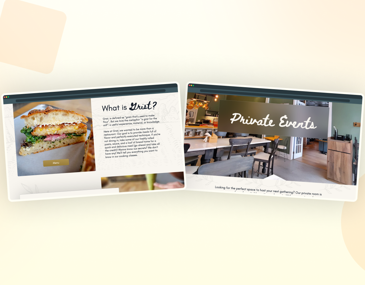 A homepage screenshot highlighting the restaurant atmosphere through interior photography and clear messaging.