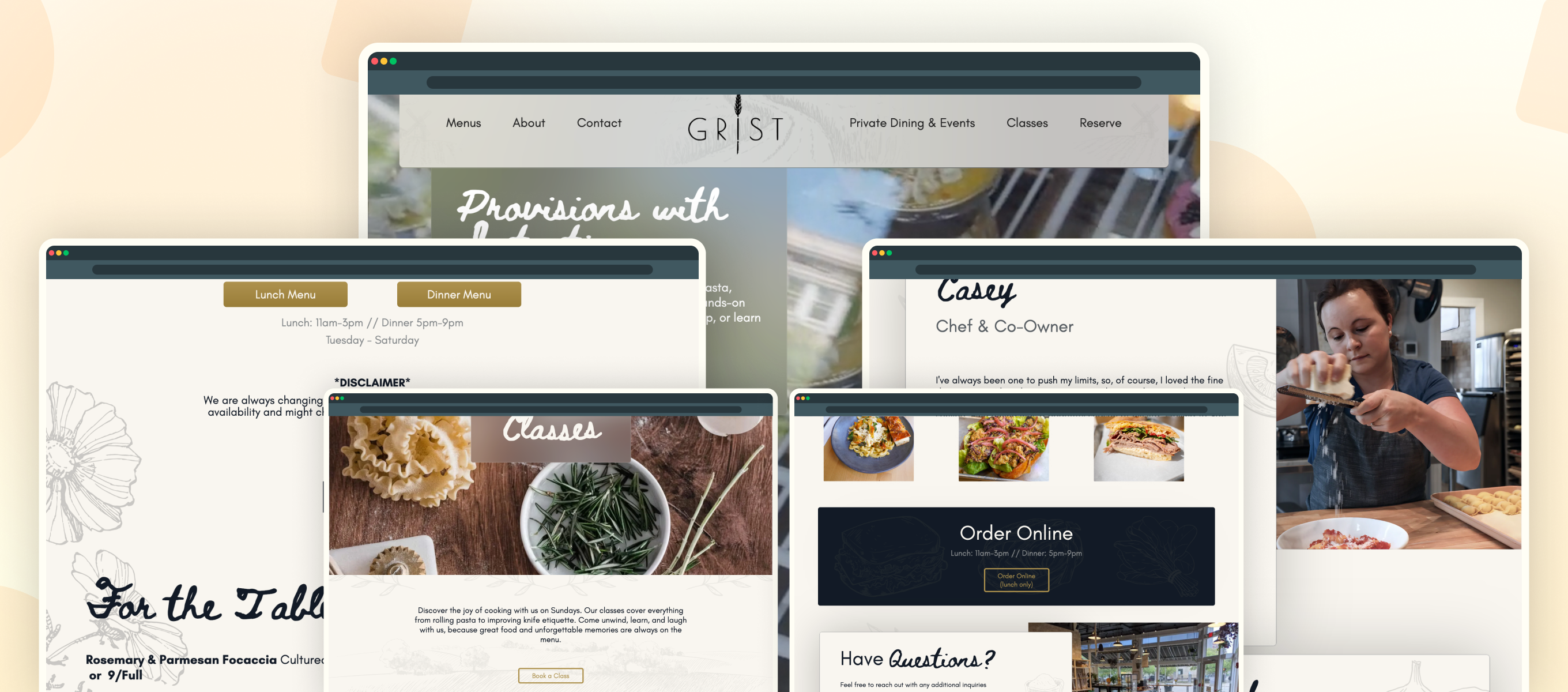A full width image showing multiple pages together, including the homepage and menu, to demonstrate visual consistency and simplicity.
