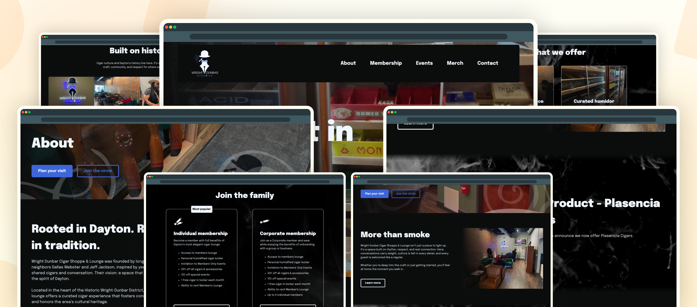 A full width image showing multiple pages together, including the homepage, about page, and events section, to demonstrate consistency and brand cohesion.