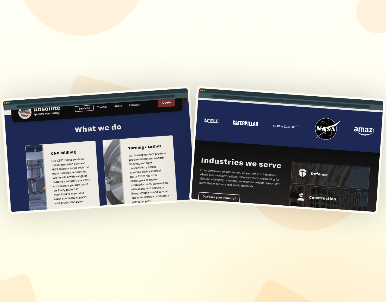 A homepage screenshot emphasizing precision focused visuals and clear capability messaging.