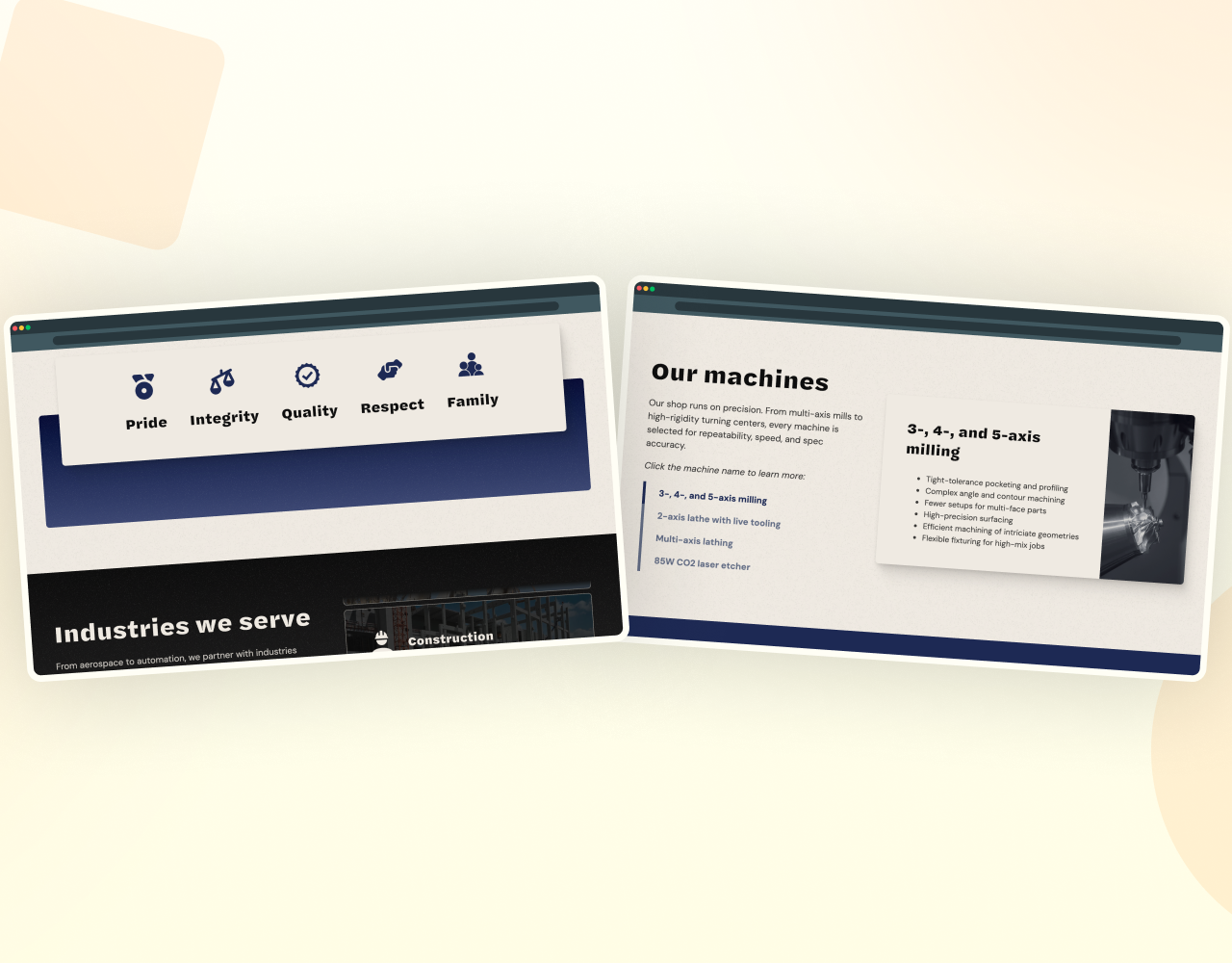 A services page screenshot outlining machining capabilities in a clean, structured layout.