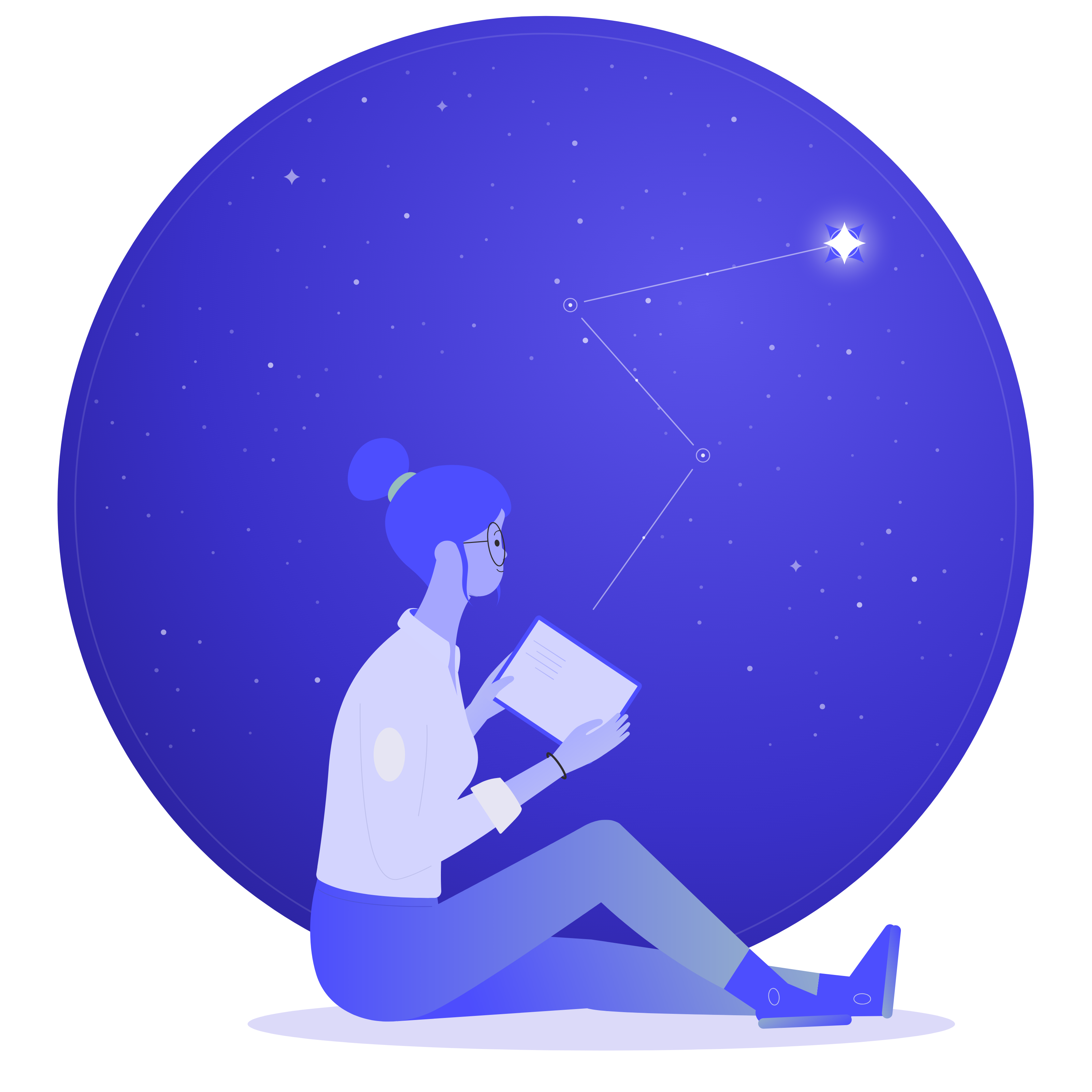 Quinn, the Talent Gurus illustration, reading a client brief inside a vast night sky of candidates, a constellation path leading to one gem-bright star