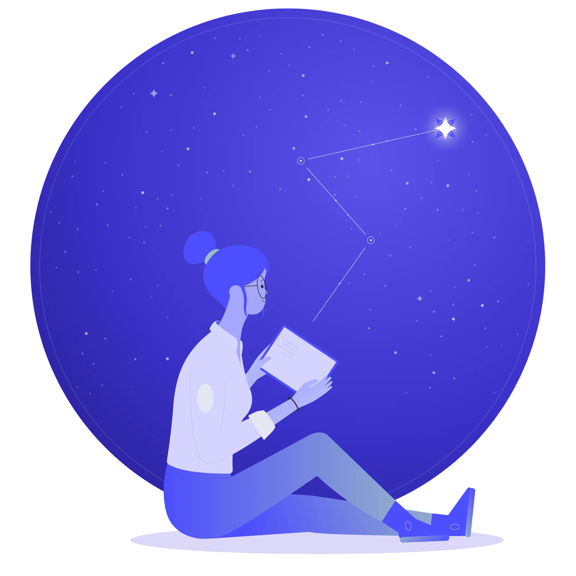 Quinn, the Talent Gurus illustration, reading a client brief inside a vast night sky of candidates, a constellation path leading to one gem-bright star