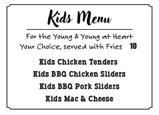 Kids Menu featuring options like Kids Chicken Tenders, Kids BBQ Chicken Sliders, Kids BBQ Pork Sliders, and Kids Mac & Cheese, served with fries, emphasizing family-friendly dining at Foley Ranch.