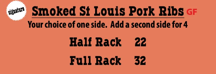 Smoked St Louis Pork Ribs menu item with pricing for half rack and full rack, highlighting gluten-free option and choice of sides at Foley Ranch BBQ restaurant.