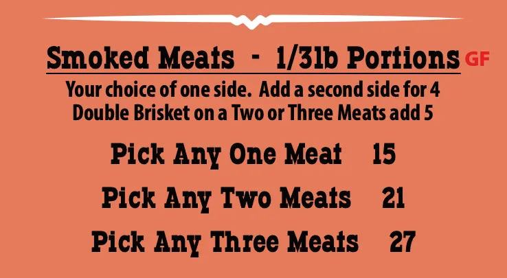 Smoked meats menu section featuring pricing options for one, two, or three meat choices, highlighting gluten-free offerings at Foley Ranch restaurant.