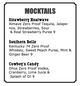 Mocktail menu featuring Strawberry Heatwave, Southern Belle, and Cowboy's Candy with descriptions of ingredients and prices, highlighting Foley Ranch's non-alcoholic drink offerings.