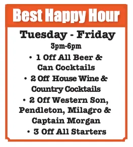Best Happy Hour promotions at Foley Ranch, featuring discounts on beer, cocktails, house wine, and starters from Tuesday to Friday, 3pm-6pm.