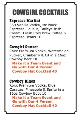 Cowgirl cocktails menu featuring Espresso Martini, Cowgirl Sunset, and Cowboy Blues with ingredients listed, highlighting Foley Ranch's signature drink offerings.