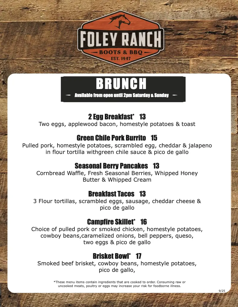 Foley Ranch Brunch Menu Front