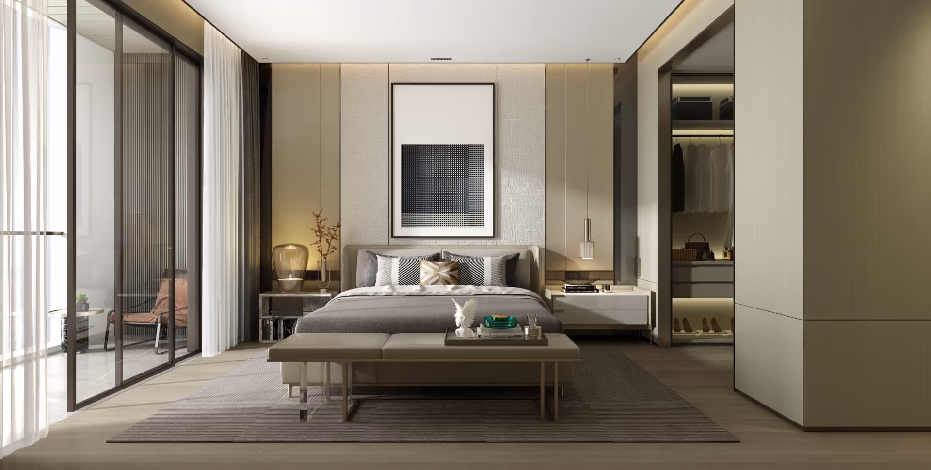 Modern bedroom with a bed, bench, bedside tables, open closet, and sliding glass doors to a balcony.