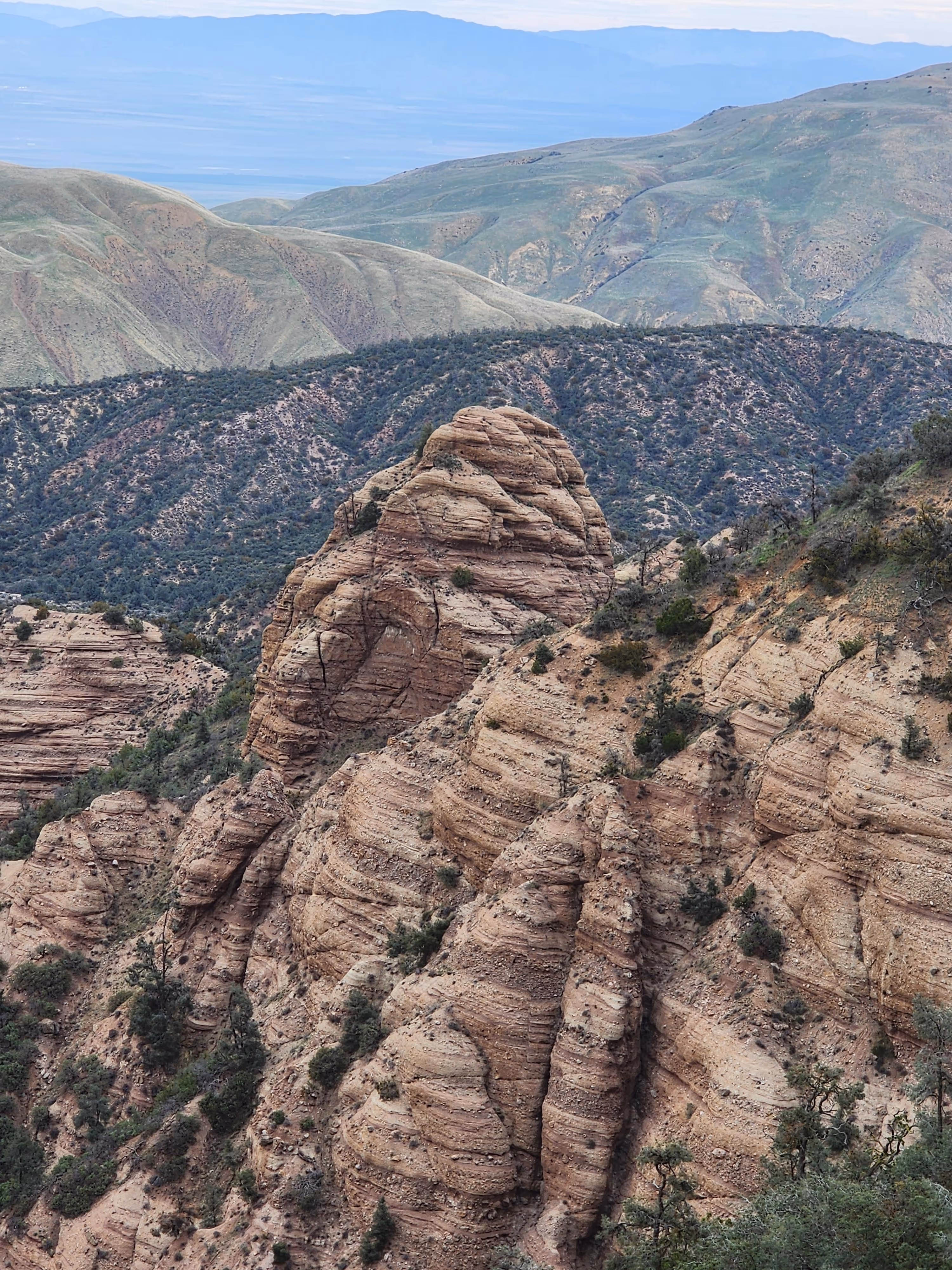 Layered sandstone cliffs with scattered shrubs and distant green hills