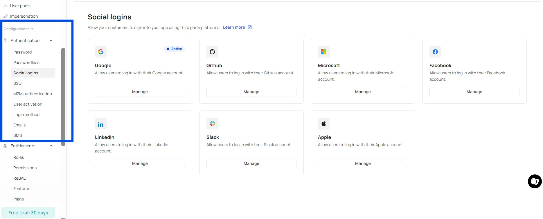 frontegg authentication methods