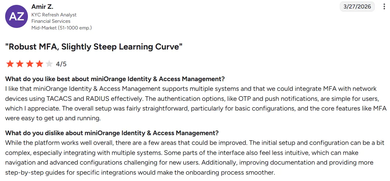 g2 review about miniorange learning curve