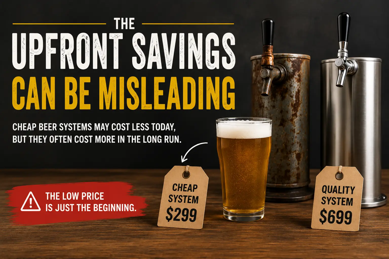 Infographic showing that cheap beer systems may cost less today but more in the long run
