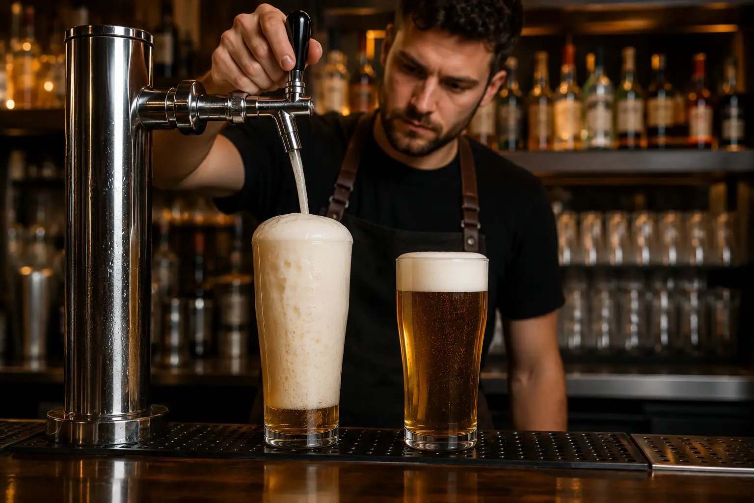 Bartender pouring an overly foamy draft beer showing excessive waste from poor equipment