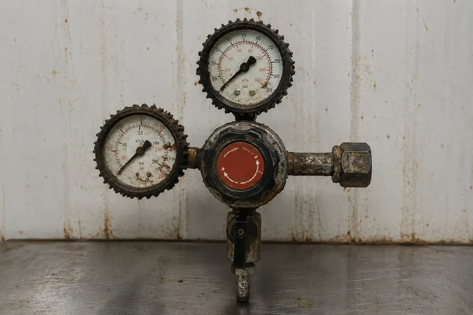 Worn and corroded draft beer gas regulator showing signs of pressure drift and deterioration