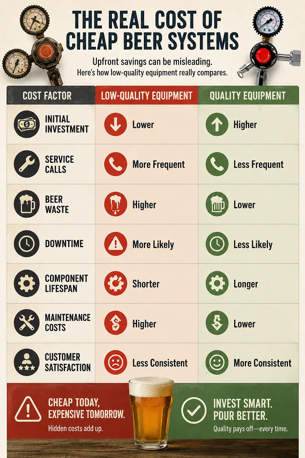 Infographic comparing low-quality vs quality draft beer equipment across service calls, beer waste, downtime, maintenance costs, and customer satisfaction