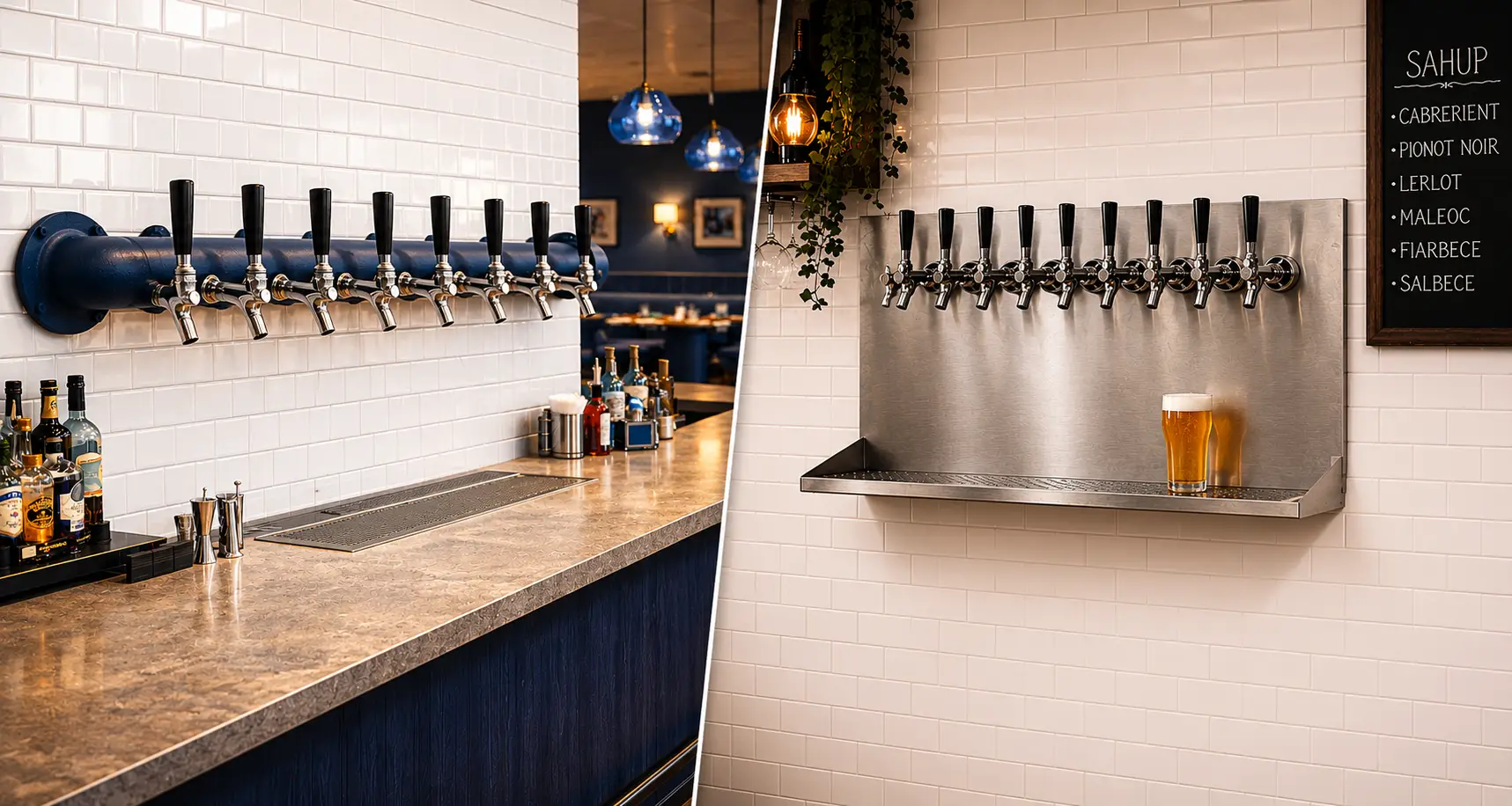 Double wall mount draft beer tower installation with multiple taps behind the bar