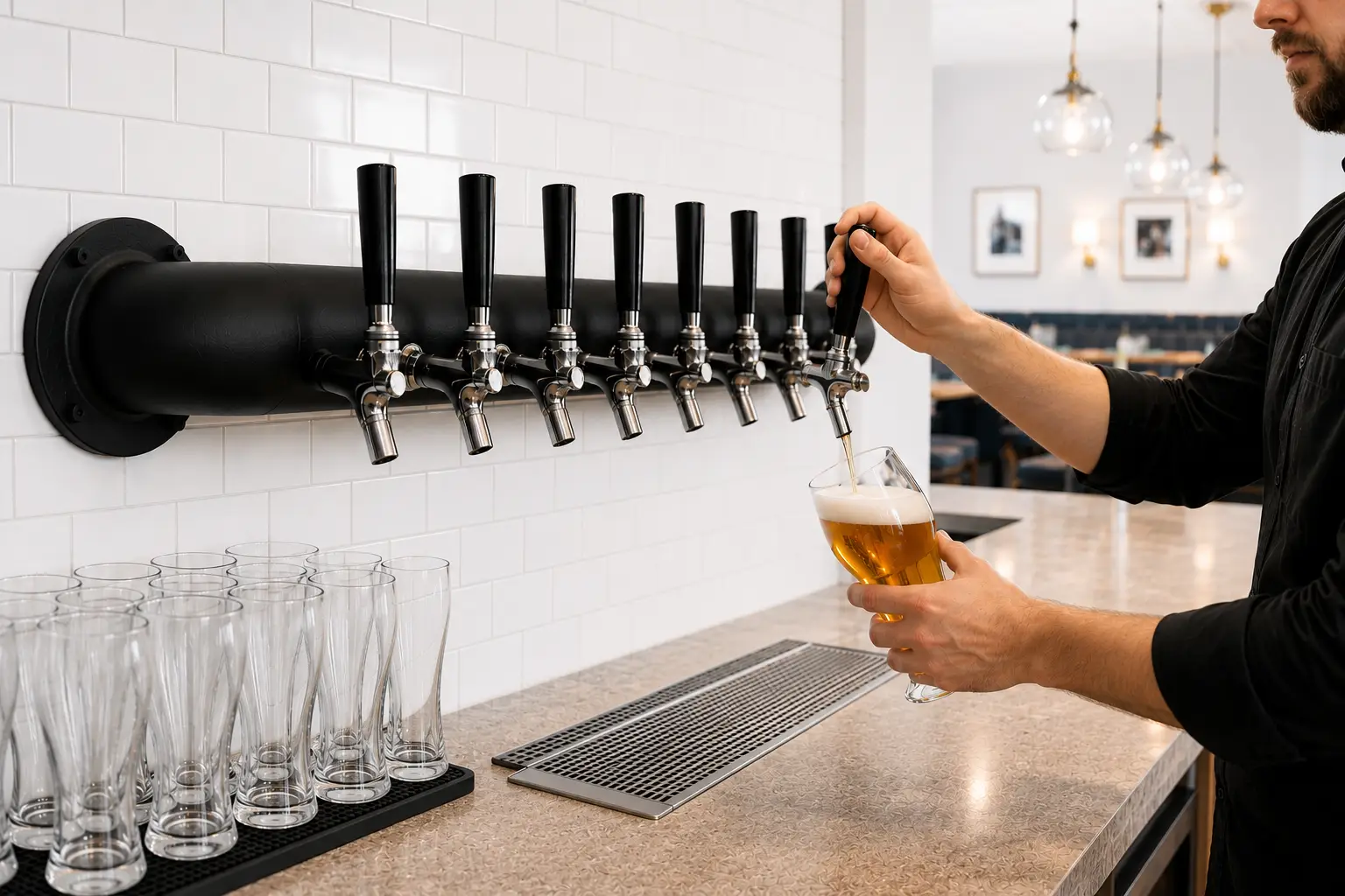 Bartender pouring draft beer from a wall mount beer tower system