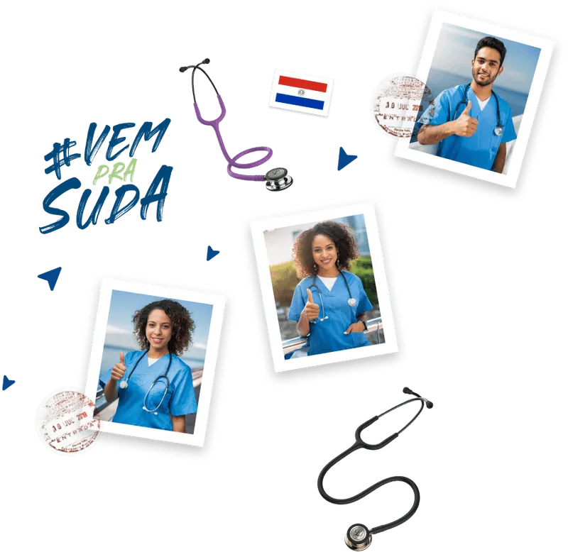 Colagem com fotos de 3 médicos fazendo o sinal de 'ok', vários estetoscópios, a bandeira do Brasil e do Paraguai