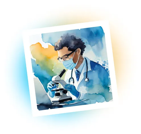 Desenho em aquarela: Um médico realizando pesquisa com um microscópio
