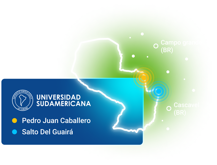 Mapa mostrando a localização da Universidade Sul-Americana em Pedro Juan Caballero e Salto del Guairá