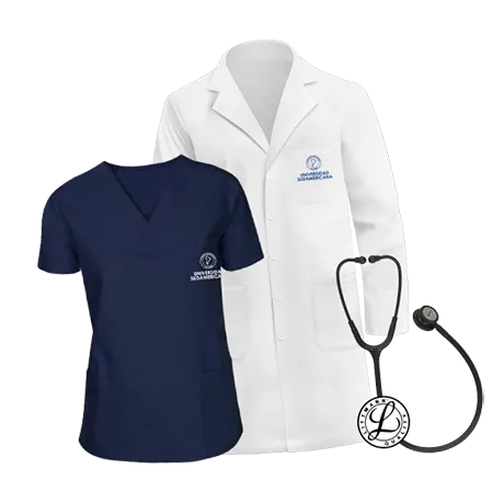 Kit apos o CPM, bata branca, casaca azul, estetoscópio Littmann