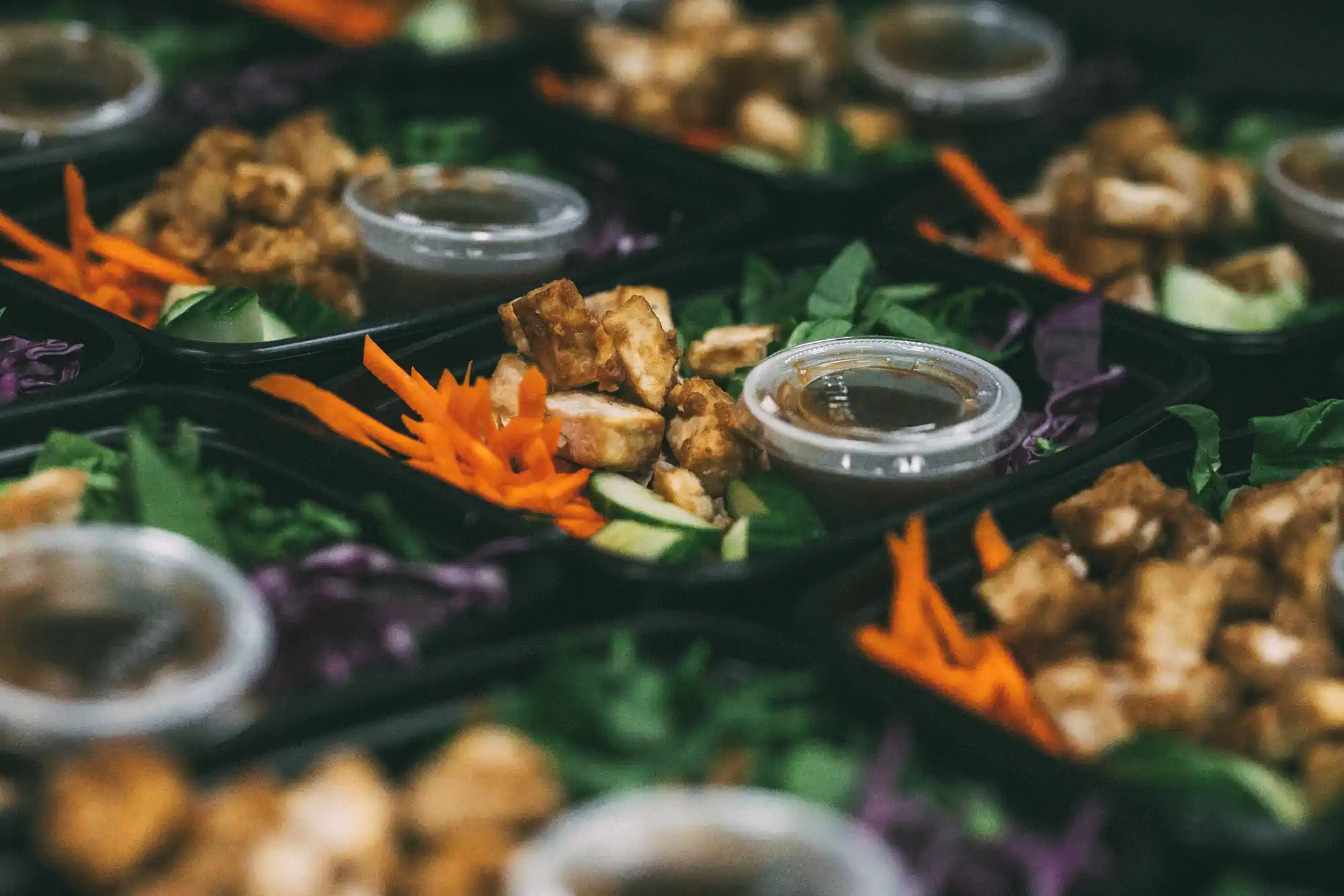 Close-up of meal prep containers from Fed by Jed, featuring fresh salads with grilled tofu, shredded carrots, cucumber slices, and small containers of dressing.