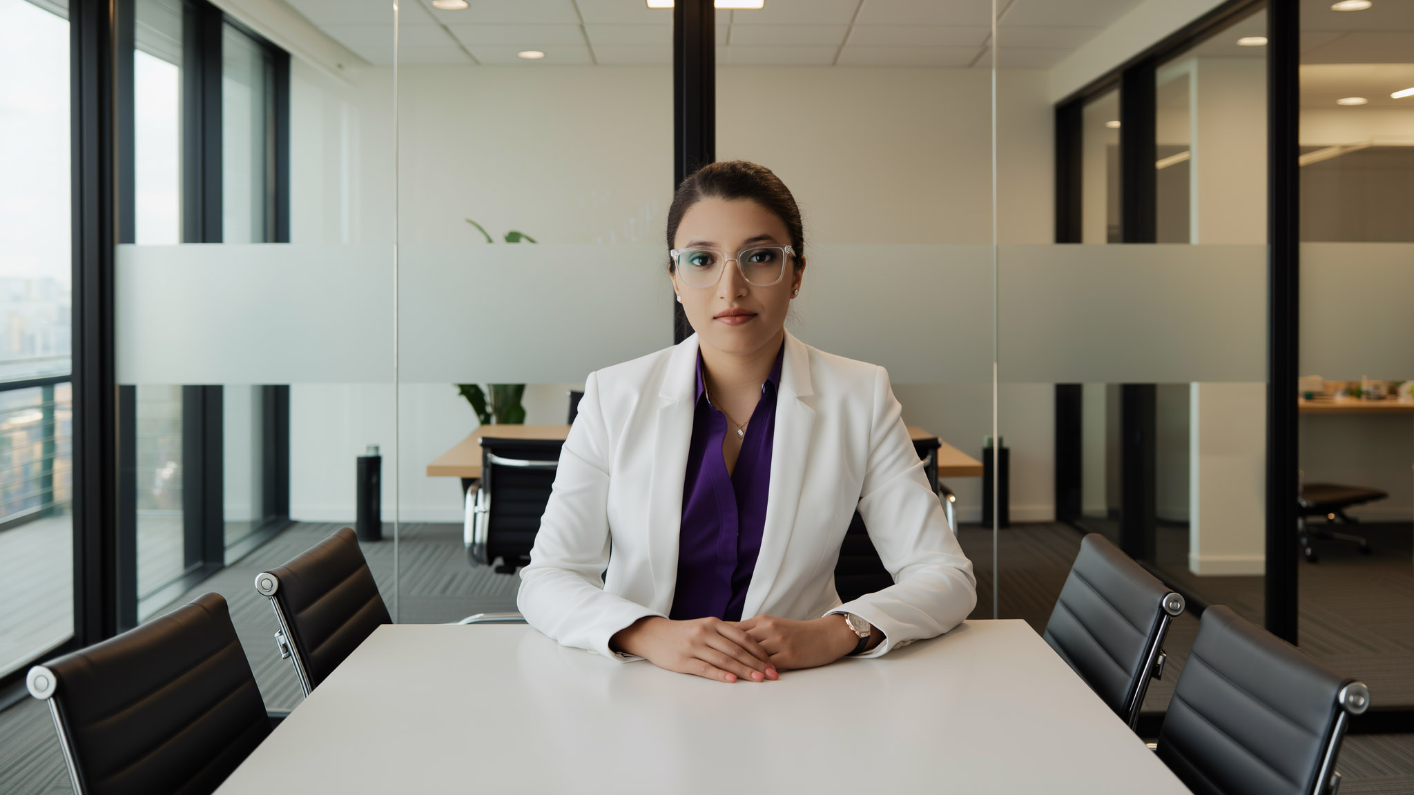 Professional woman wearing glasses and a white blazer sitting at a white conference table in a modern office.