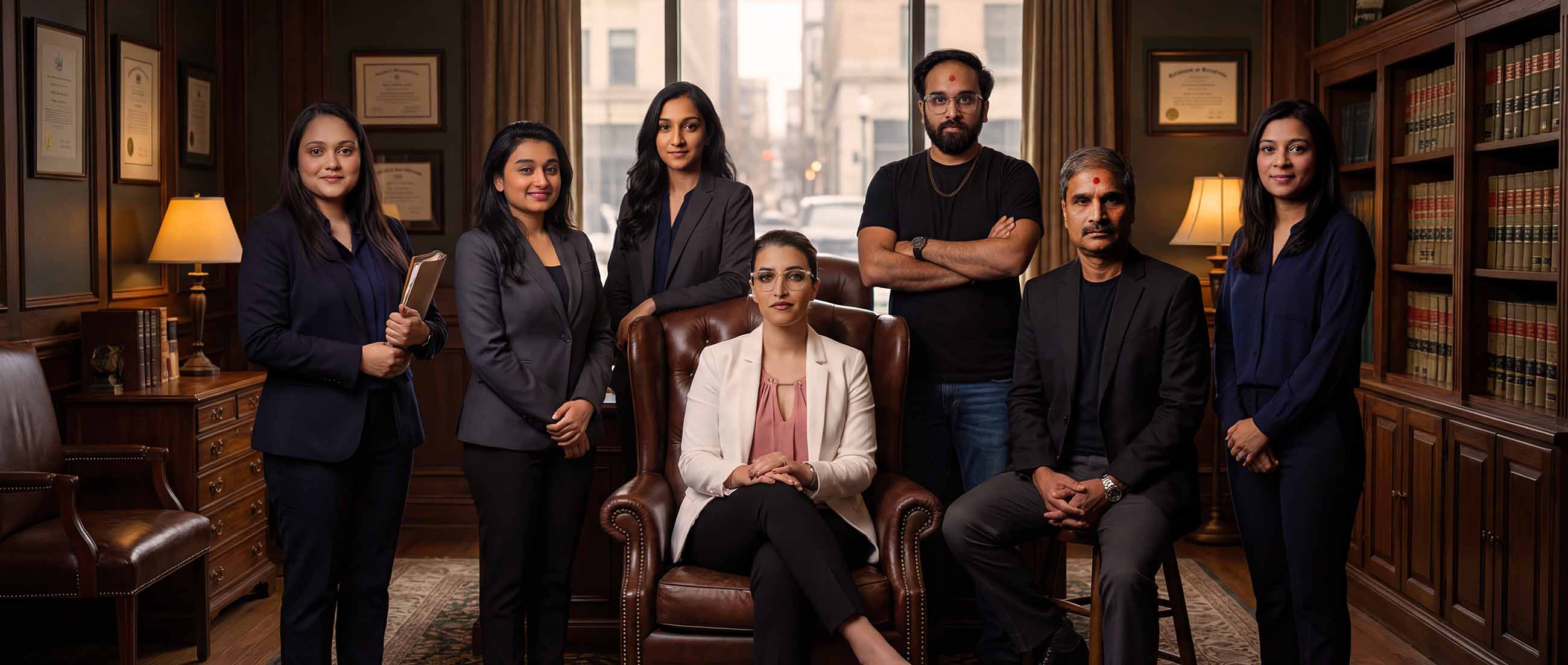 Seven professionals posing in a wood-paneled law office with framed certificates, bookshelves, and leather chairs, four standing and two seated.