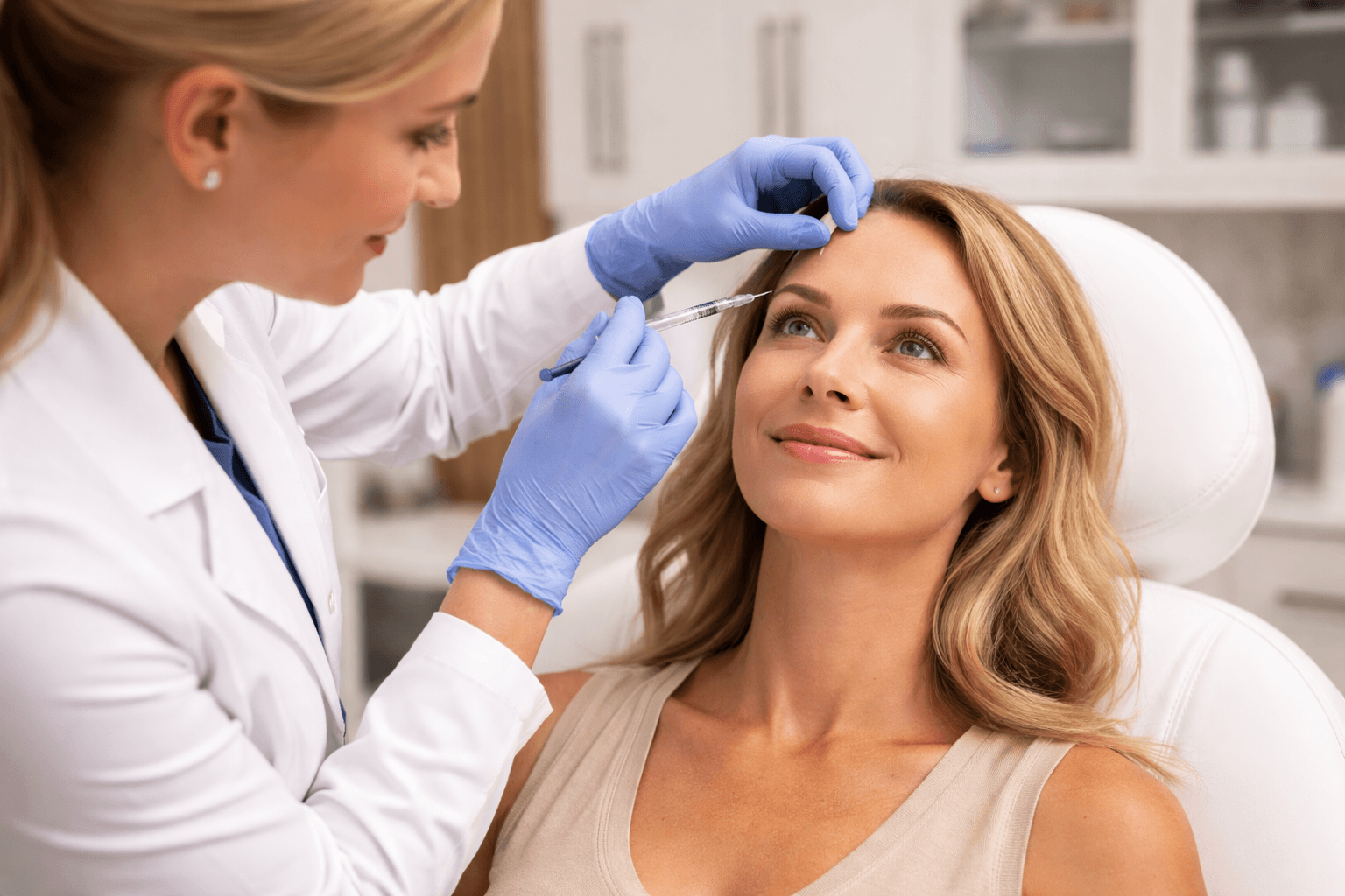 Patient receiving cosmetic injectables treatment for wrinkle reduction at a medical clinic in Decatur, Georgia
