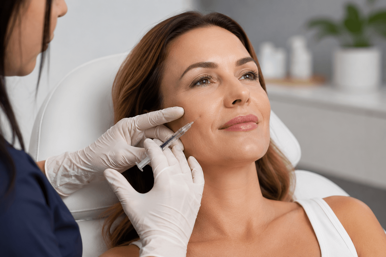 Patient receiving dermal fillers to restore natural facial volume after weight loss at a dermatology practice in Atlanta, Georgia.