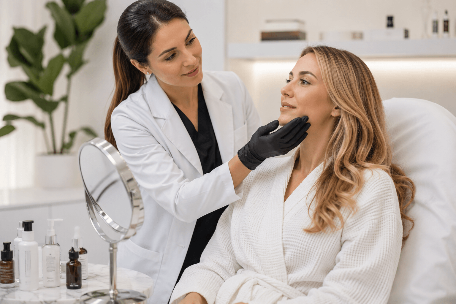 Patient receiving a personalized aesthetic skin consultation at a medspa clinic in Atlanta, Georgia for concerns including fine lines, acne scars, and uneven skin texture.