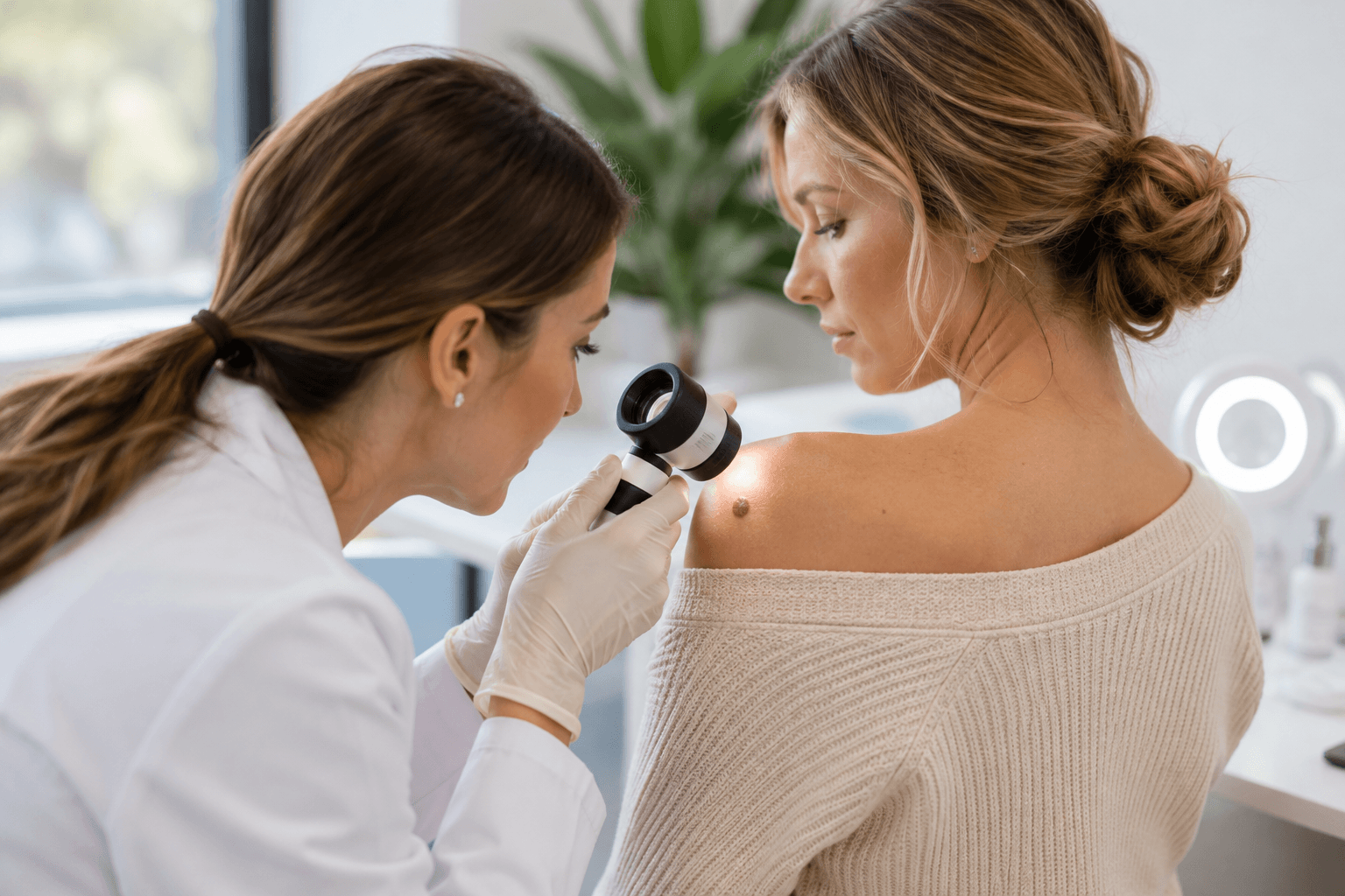 Dermatologist examining a mole on a patient's skin during a mole removal consultation in Monroe, Georgia
