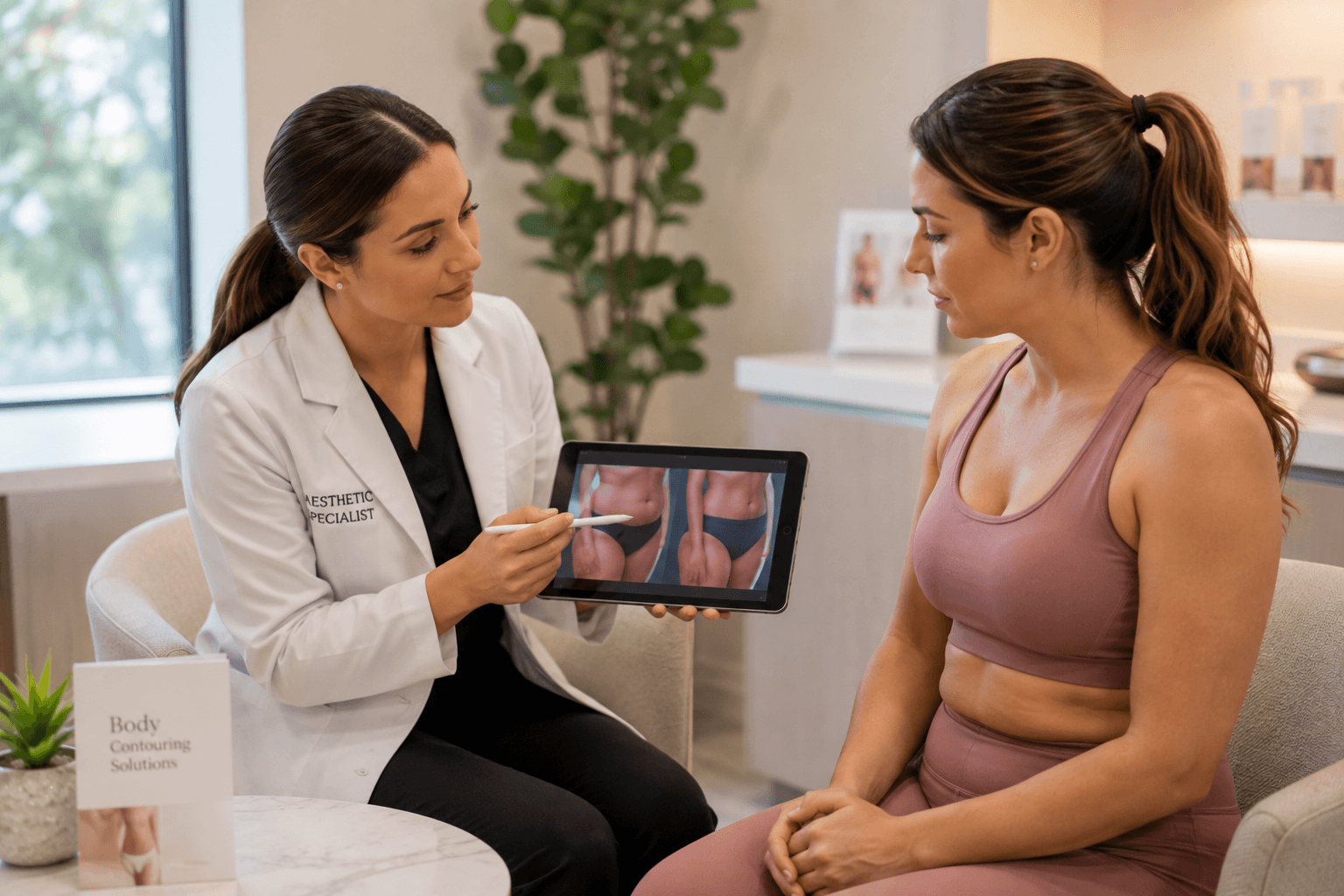 Patient consulting with a provider about CoolSculpting treatment for stubborn fat in Monroe, Georgia