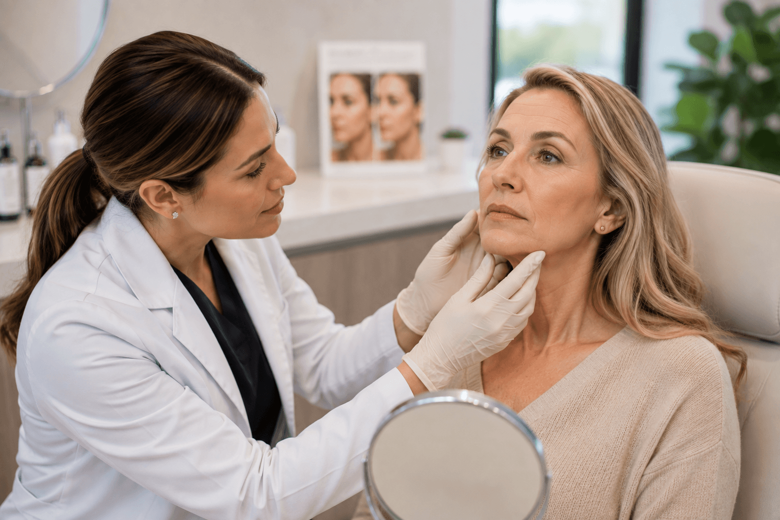 Patient receiving a dermal filler consultation for facial volume loss in Monroe, Georgia