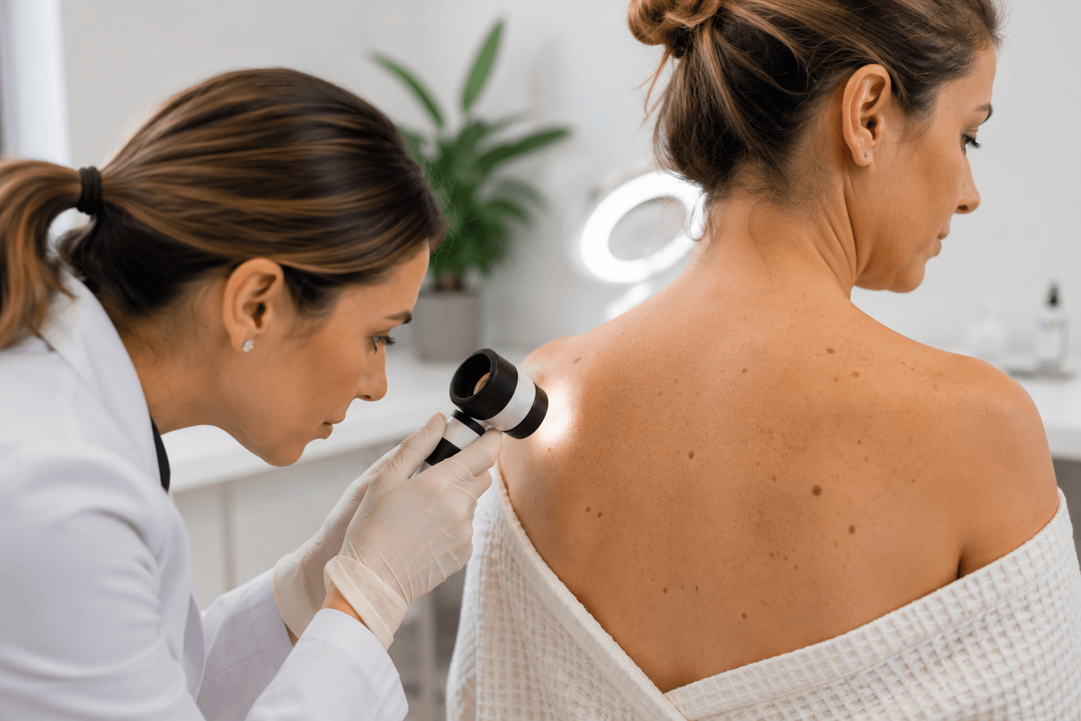 Dermatologist performing a skin exam to check for early signs of skin cancer in Monroe, Georgia