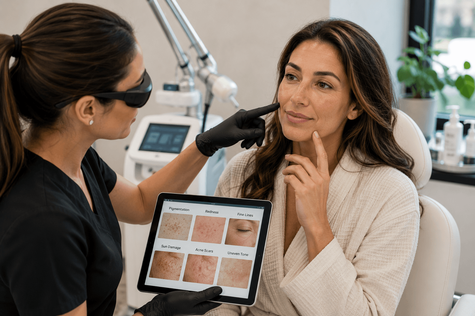 Provider performing a laser treatment session on a patient's face in Buckhead, Georgia