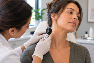 Dermatology provider examining a patient's neck for skin tags in Decatur, Georgia