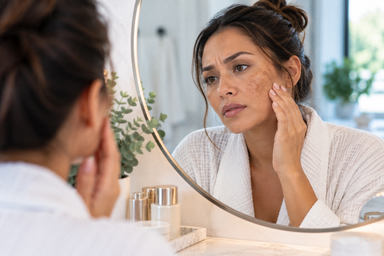 Dermatology provider examining dark spots and sun damage on a patient's skin during a Decatur, Georgia consultation
