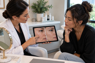 Dermatologist reviewing acne scar treatment options with a patient at a Decatur, Georgia clinic