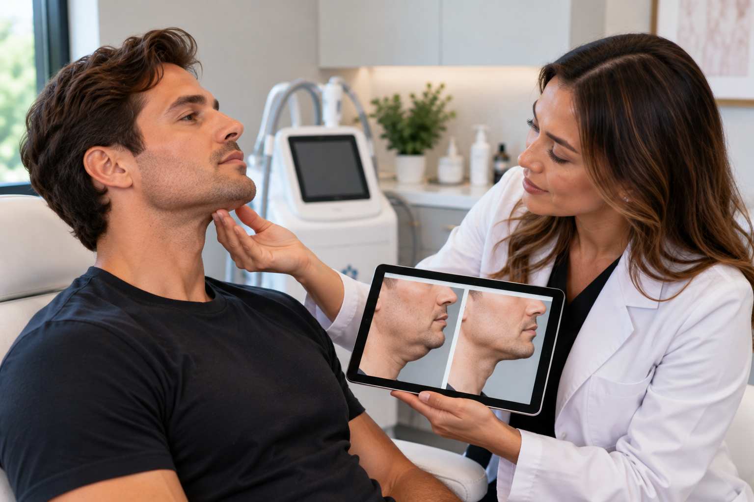 Dermatology provider reviewing chin and jawline profile during a CoolSculpting consultation in Decatur, Georgia