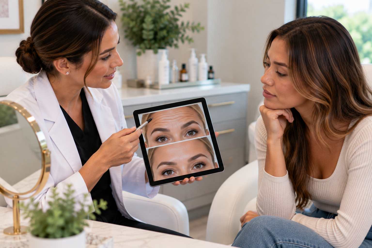 Dermatology provider mapping facial expression lines before a BOTOX Cosmetic consultation in Decatur, Georgia