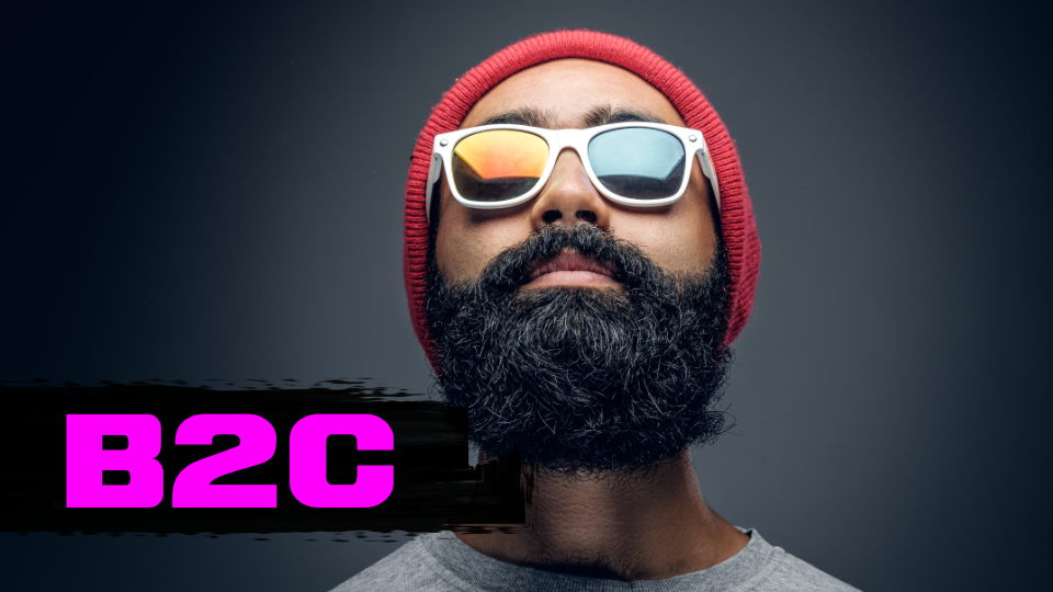 Portrait of a bearded man wearing a red beanie and white sunglasses with colored reflections against a dark background, with bold pink text 'B2C' on the left.