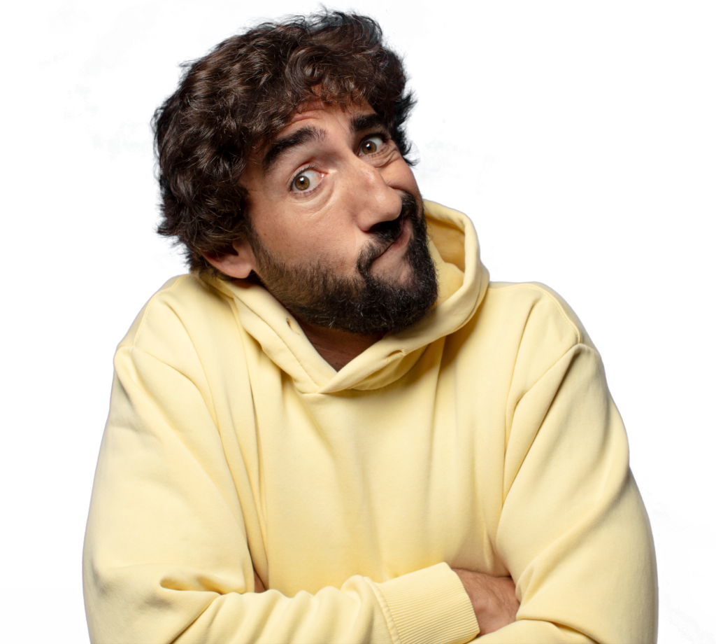 Fragender Blick eines Mannes in einem gelben Kapuzenpullover