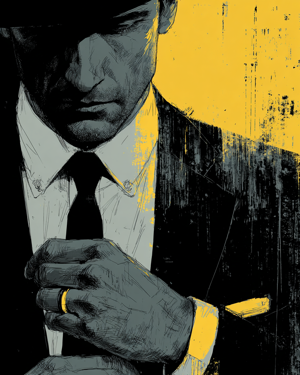 A confident man in a gold suit focuses intently, symbolizing determination, vision, and the power of a growth mindset to overcome challenges.