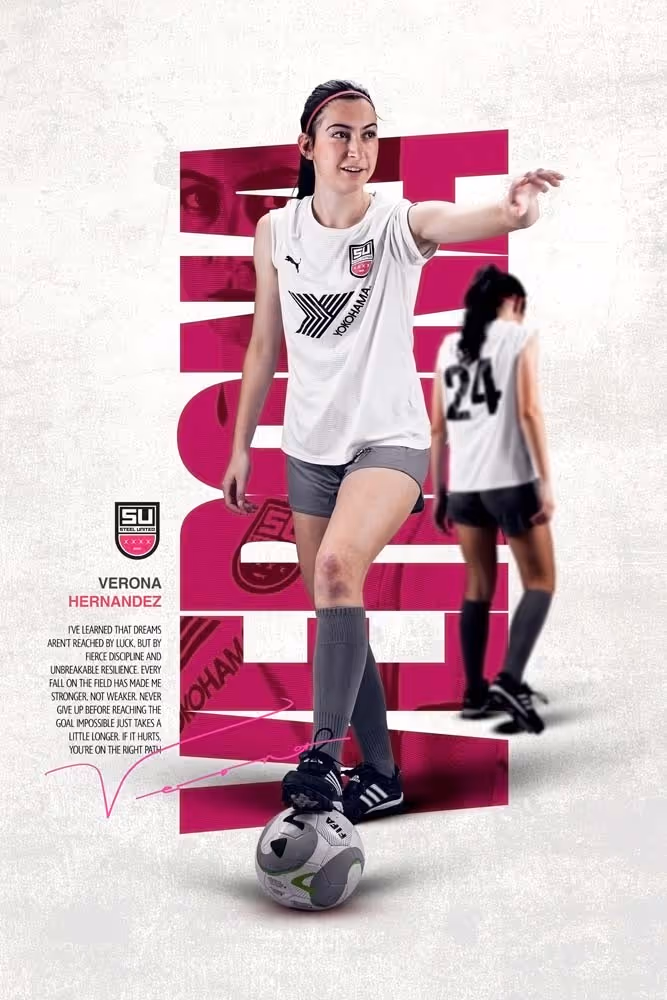 Editorial-style soccer poster of female player with name and stats